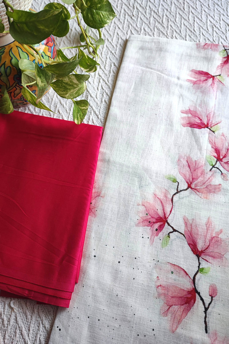 Ivory Linen Magnolia Print Kurta Fabric with Fuchsia Cotton Pant Material – Elegant Floral Suit Set