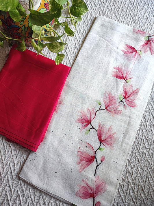 Ivory Linen Magnolia Print Kurta Fabric with Fuchsia Cotton Pant Material – Elegant Floral Suit Set
