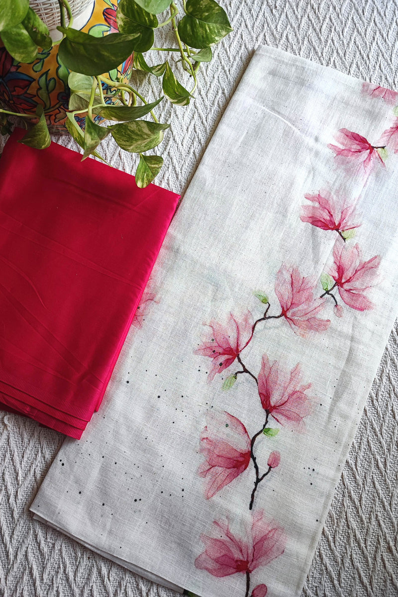 Ivory Linen Magnolia Print Kurta Fabric with Fuchsia Cotton Pant Material – Elegant Floral Suit Set