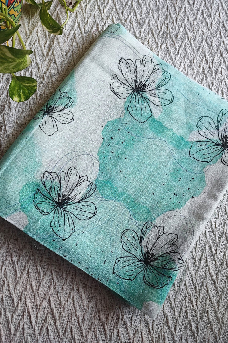 Sea Green Linen Printed Kurta Fabric with Turquoise Cotton Pant Material – Contemporary Floral Suit Fabric