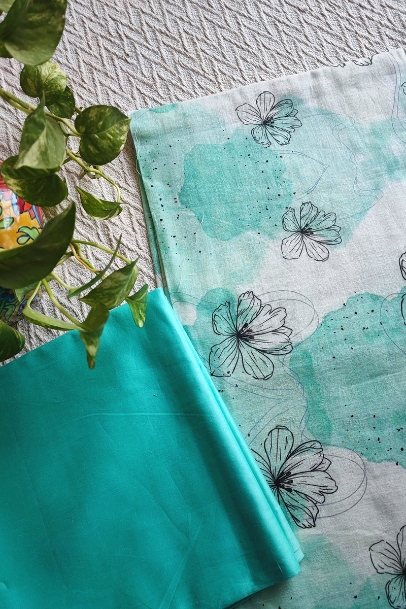 Sea Green Linen Printed Kurta Fabric with Turquoise Cotton Pant Material – Contemporary Floral Suit Fabric