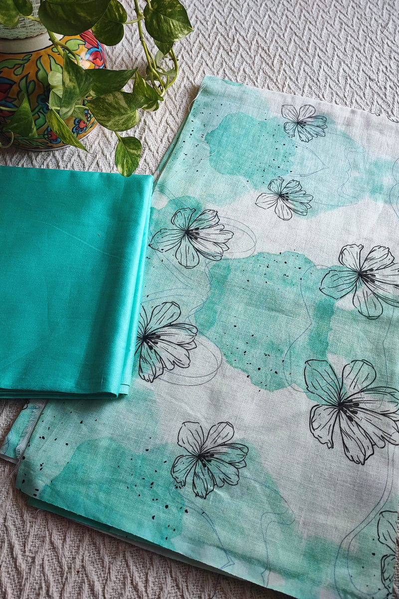 Sea Green Linen Printed Kurta Fabric with Turquoise Cotton Pant Material – Contemporary Floral Suit Fabric