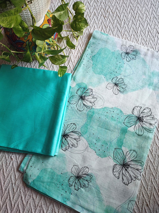 Sea Green Linen Printed Kurta Fabric with Turquoise Cotton Pant Material – Contemporary Floral Suit Fabric