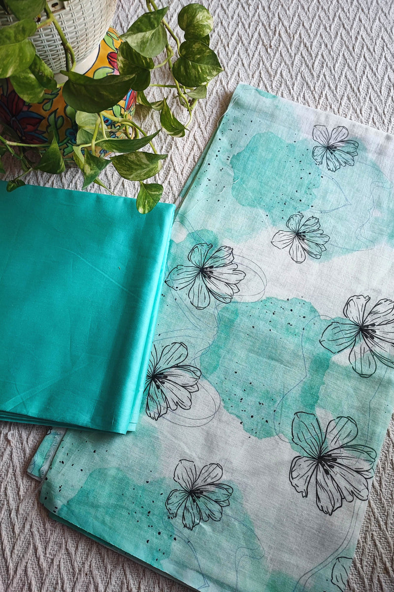 Sea Green Linen Printed Kurta Fabric with Turquoise Cotton Pant Material – Contemporary Floral Suit Fabric