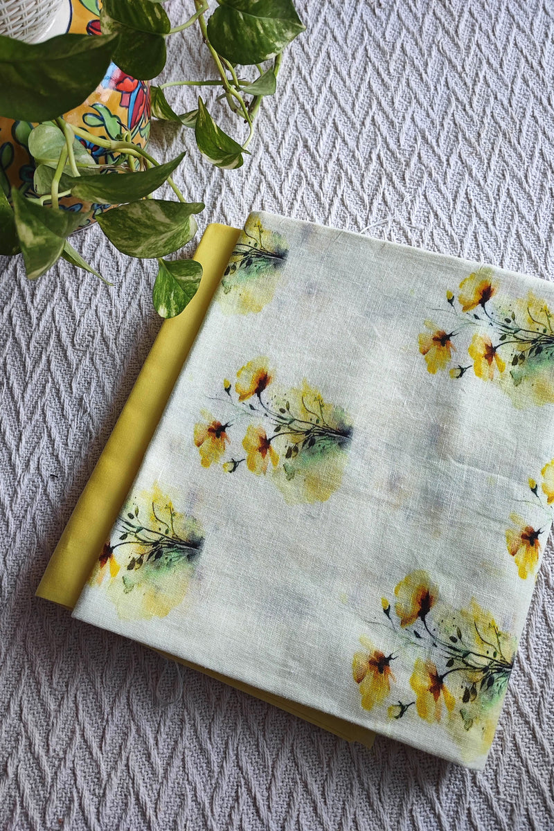 Cream Linen Yellow Floral Kurta Fabric with Pastel Yellow Cotton Pant Material – Summer Printed Suit Set