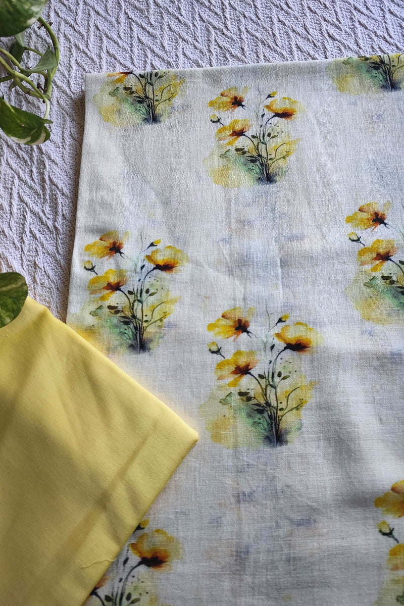 Cream Linen Yellow Floral Kurta Fabric with Pastel Yellow Cotton Pant Material – Summer Printed Suit Set