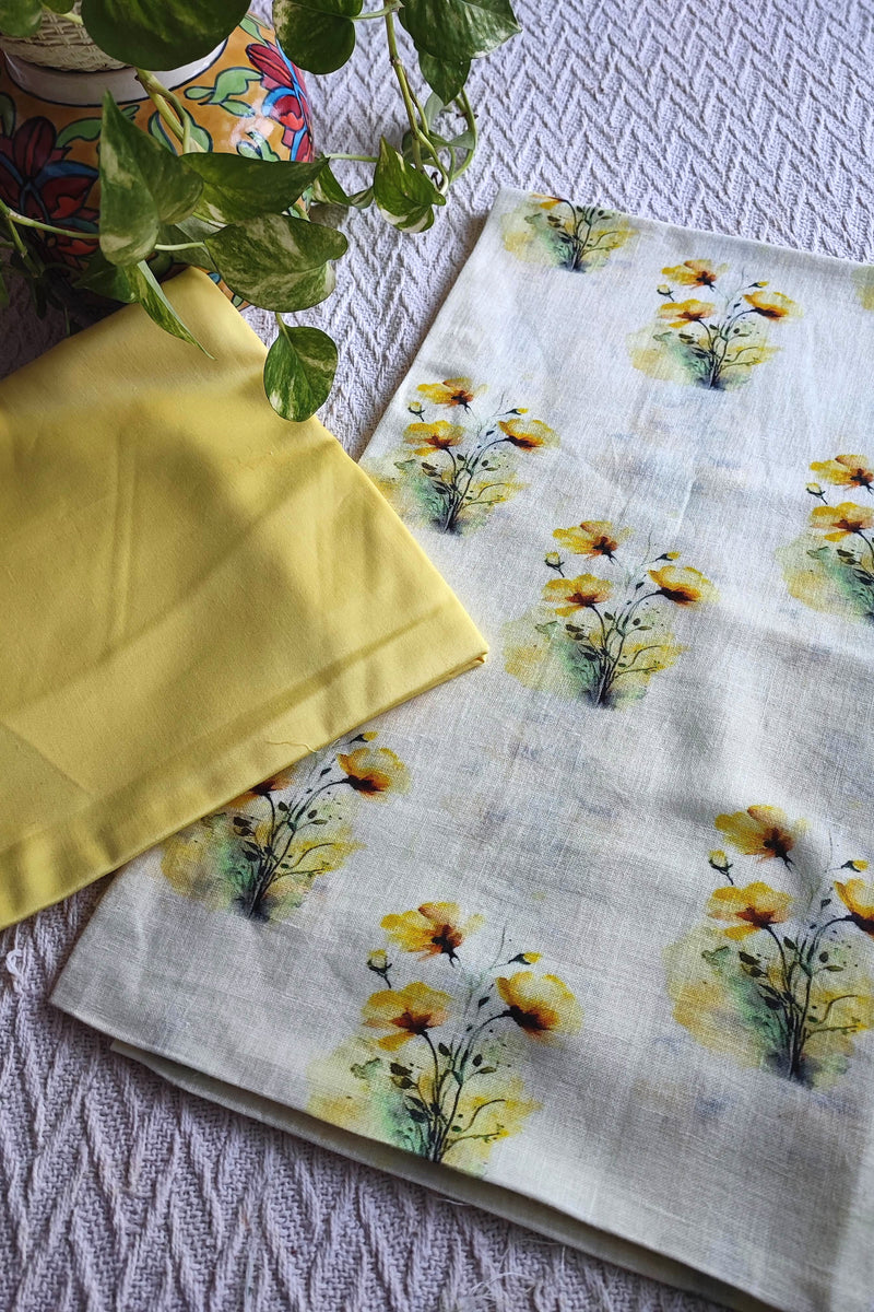 Cream Linen Yellow Floral Kurta Fabric with Pastel Yellow Cotton Pant Material – Summer Printed Suit Set
