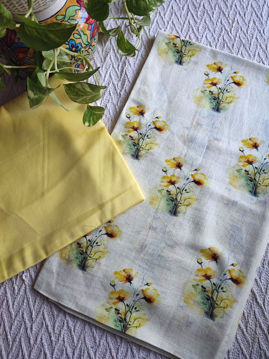 Cream Linen Yellow Floral Kurta Fabric with Pastel Yellow Cotton Pant Material – Summer Printed Suit Set