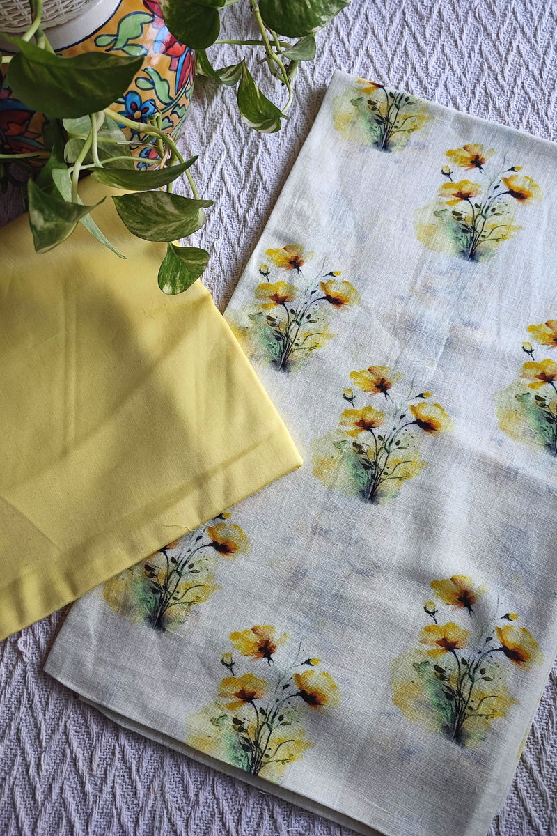 Cream Linen Yellow Floral Kurta Fabric with Pastel Yellow Cotton Pant Material – Summer Printed Suit Set