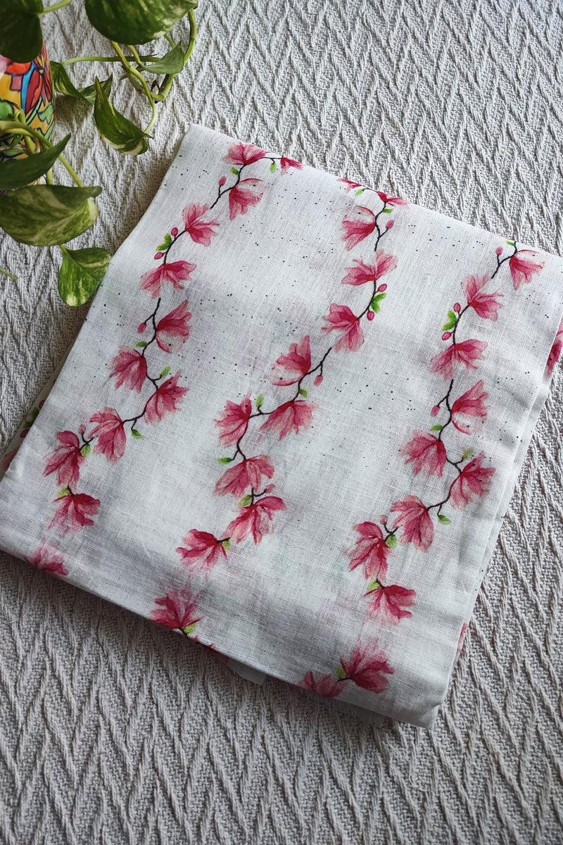 White Vertical Floral Linen Kurta Fabric with Ruby Red Cotton Pant Material – Elegant Printed Suit Fabric