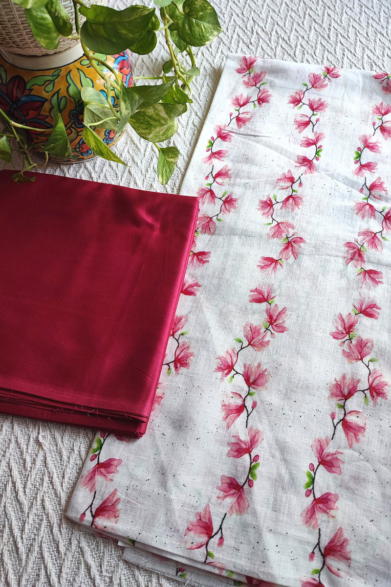 White Vertical Floral Linen Kurta Fabric with Ruby Red Cotton Pant Material – Elegant Printed Suit Fabric
