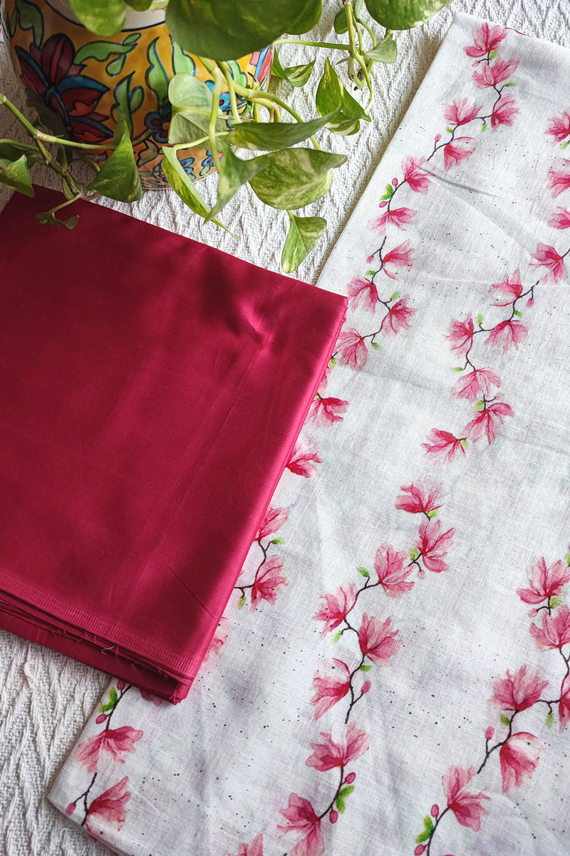 White Vertical Floral Linen Kurta Fabric with Ruby Red Cotton Pant Material – Elegant Printed Suit Fabric