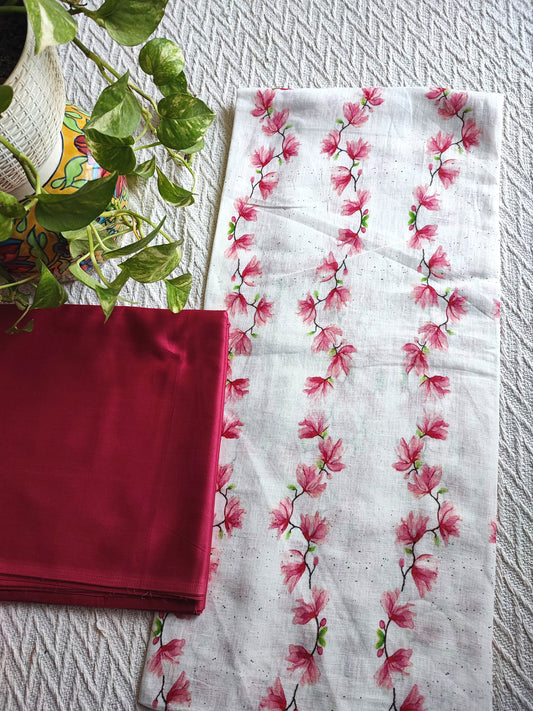 White Vertical Floral Linen Kurta Fabric with Ruby Red Cotton Pant Material – Elegant Printed Suit Fabric