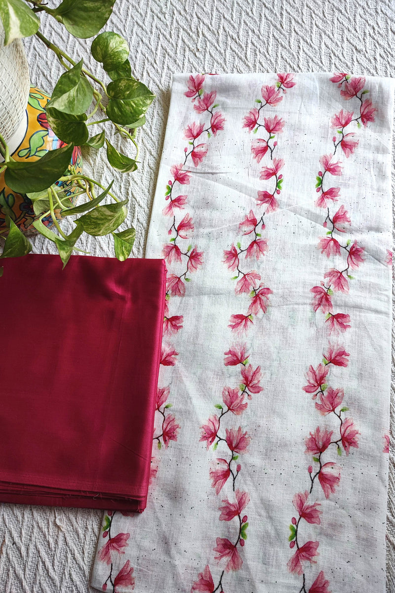 White Vertical Floral Linen Kurta Fabric with Ruby Red Cotton Pant Material – Elegant Printed Suit Fabric