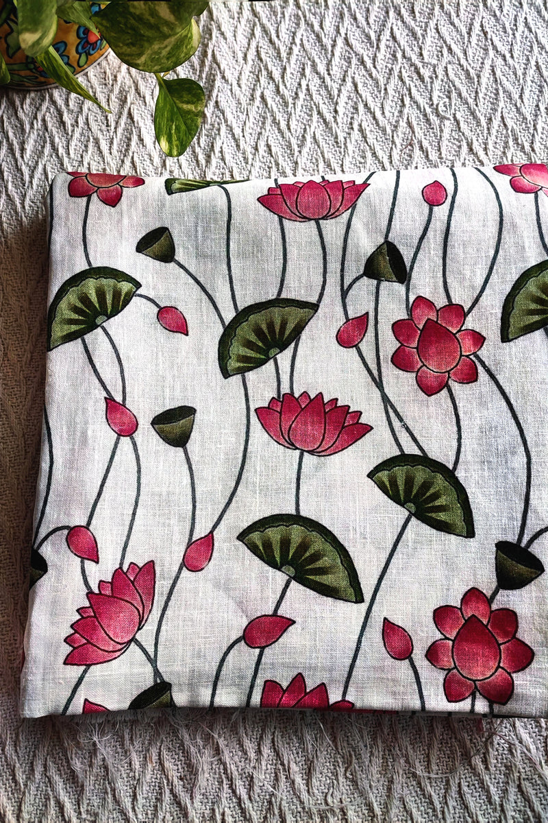 White Lotus Printed Linen Kurta Fabric with Crimson Cotton Pant Material – Floral Ethnic Suit Fabric