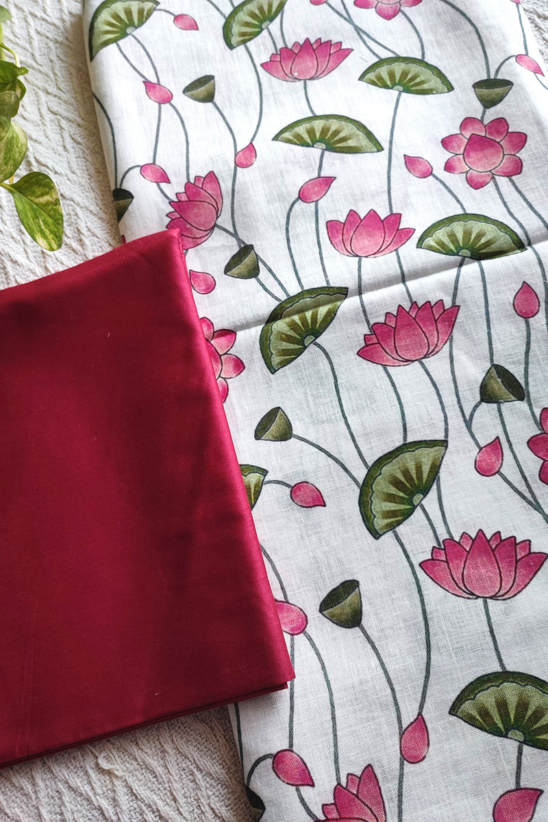 White Lotus Printed Linen Kurta Fabric with Crimson Cotton Pant Material – Floral Ethnic Suit Fabric