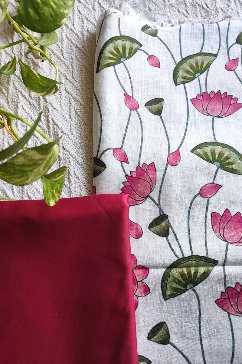White Lotus Printed Linen Kurta Fabric with Crimson Cotton Pant Material – Floral Ethnic Suit Fabric