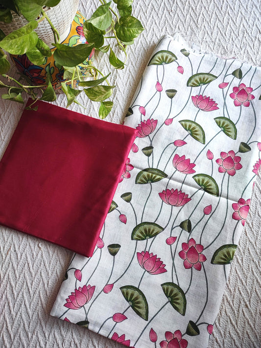 White Lotus Printed Linen Kurta Fabric with Crimson Cotton Pant Material – Floral Ethnic Suit Fabric