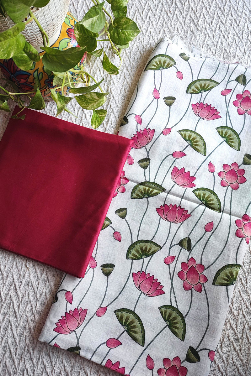 White Lotus Printed Linen Kurta Fabric with Crimson Cotton Pant Material – Floral Ethnic Suit Fabric