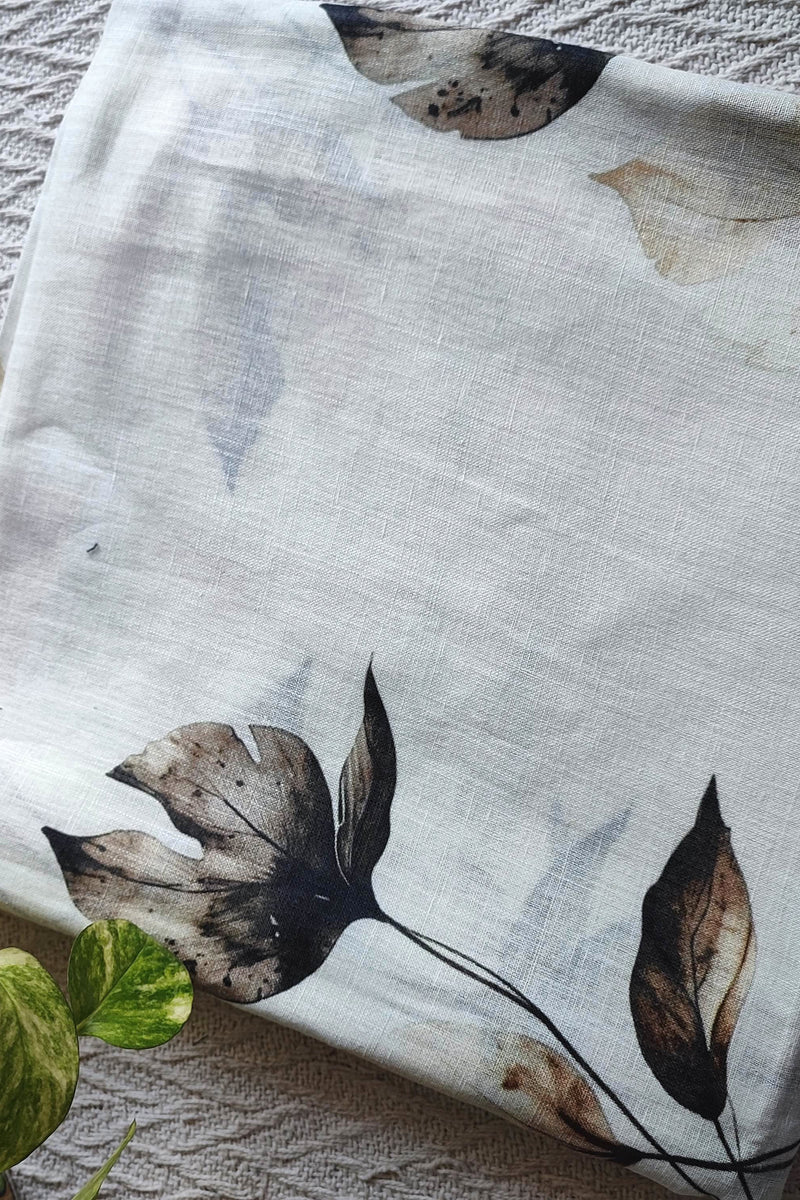 Ivory Leaf Printed Linen Kurta Fabric with Dark Brown Cotton Pant Material – Botanical Suit Fabric Set