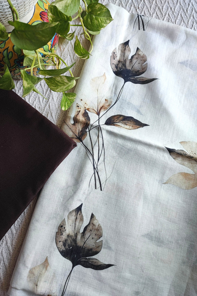 Ivory Leaf Printed Linen Kurta Fabric with Dark Brown Cotton Pant Material – Botanical Suit Fabric Set