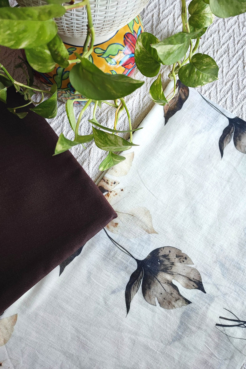 Ivory Leaf Printed Linen Kurta Fabric with Dark Brown Cotton Pant Material – Botanical Suit Fabric Set
