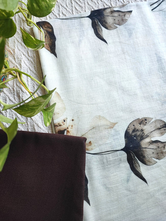 Ivory Leaf Printed Linen Kurta Fabric with Dark Brown Cotton Pant Material – Botanical Suit Fabric Set