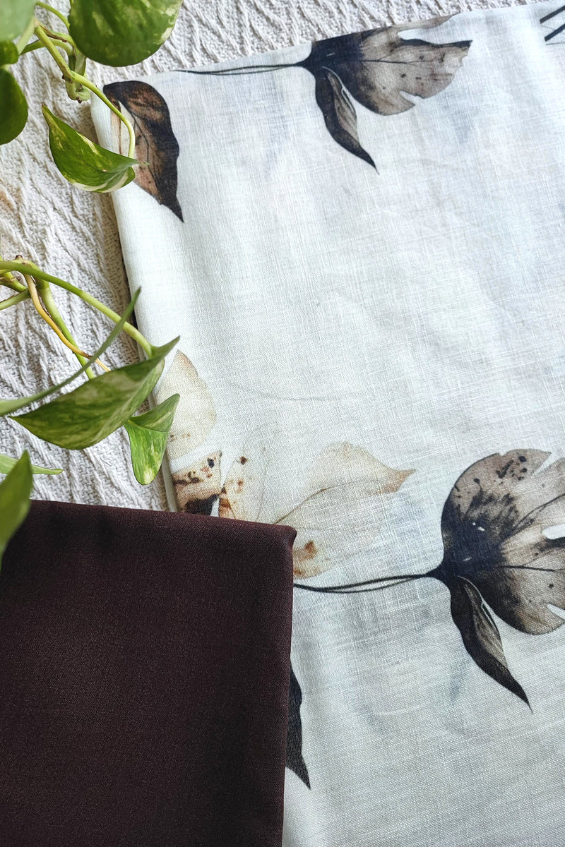 Ivory Leaf Printed Linen Kurta Fabric with Dark Brown Cotton Pant Material – Botanical Suit Fabric Set