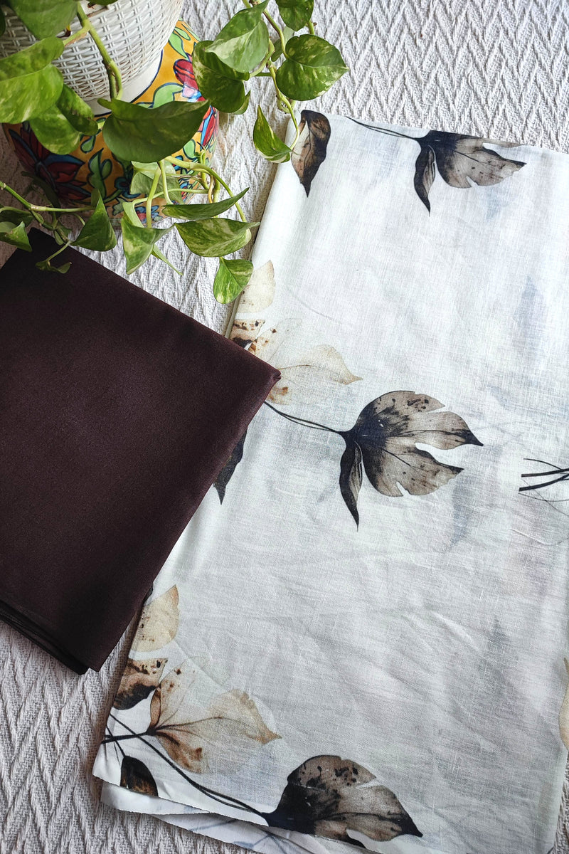 Ivory Leaf Printed Linen Kurta Fabric with Dark Brown Cotton Pant Material – Botanical Suit Fabric Set