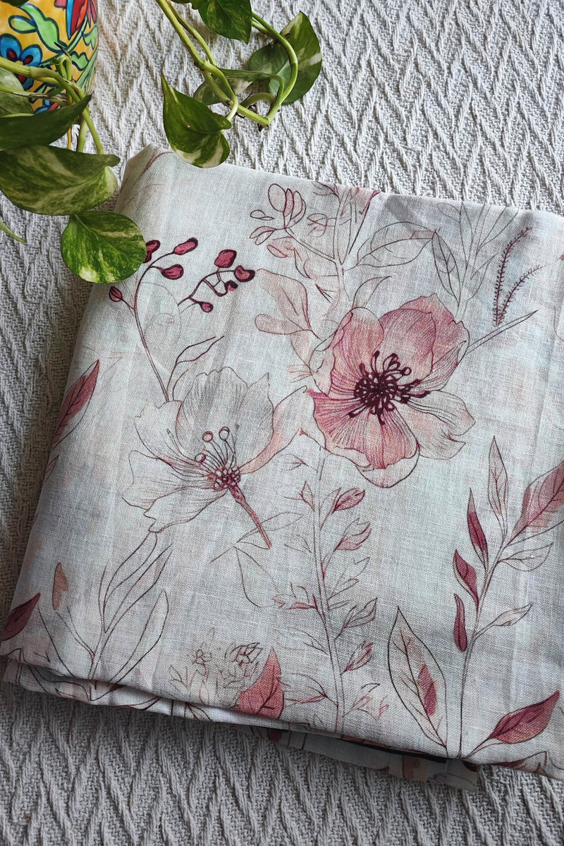 Off White Linen Floral Kurta Fabric with Deep Maroon Cotton Pant Material – Designer Printed Suit Fabric