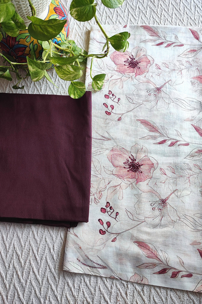 Off White Linen Floral Kurta Fabric with Deep Maroon Cotton Pant Material – Designer Printed Suit Fabric
