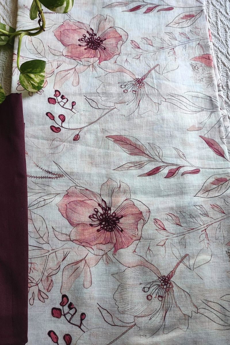 Off White Linen Floral Kurta Fabric with Deep Maroon Cotton Pant Material – Designer Printed Suit Fabric
