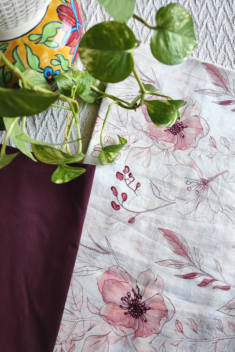 Off White Linen Floral Kurta Fabric with Deep Maroon Cotton Pant Material – Designer Printed Suit Fabric