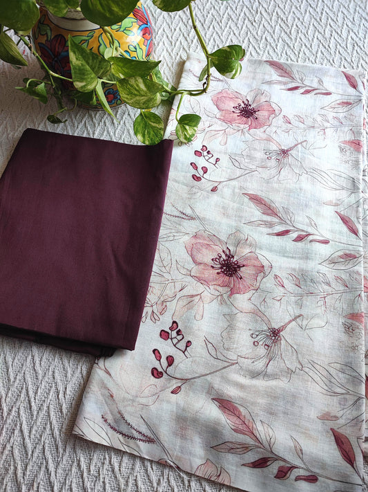 Off White Linen Floral Kurta Fabric with Deep Maroon Cotton Pant Material – Designer Printed Suit Fabric