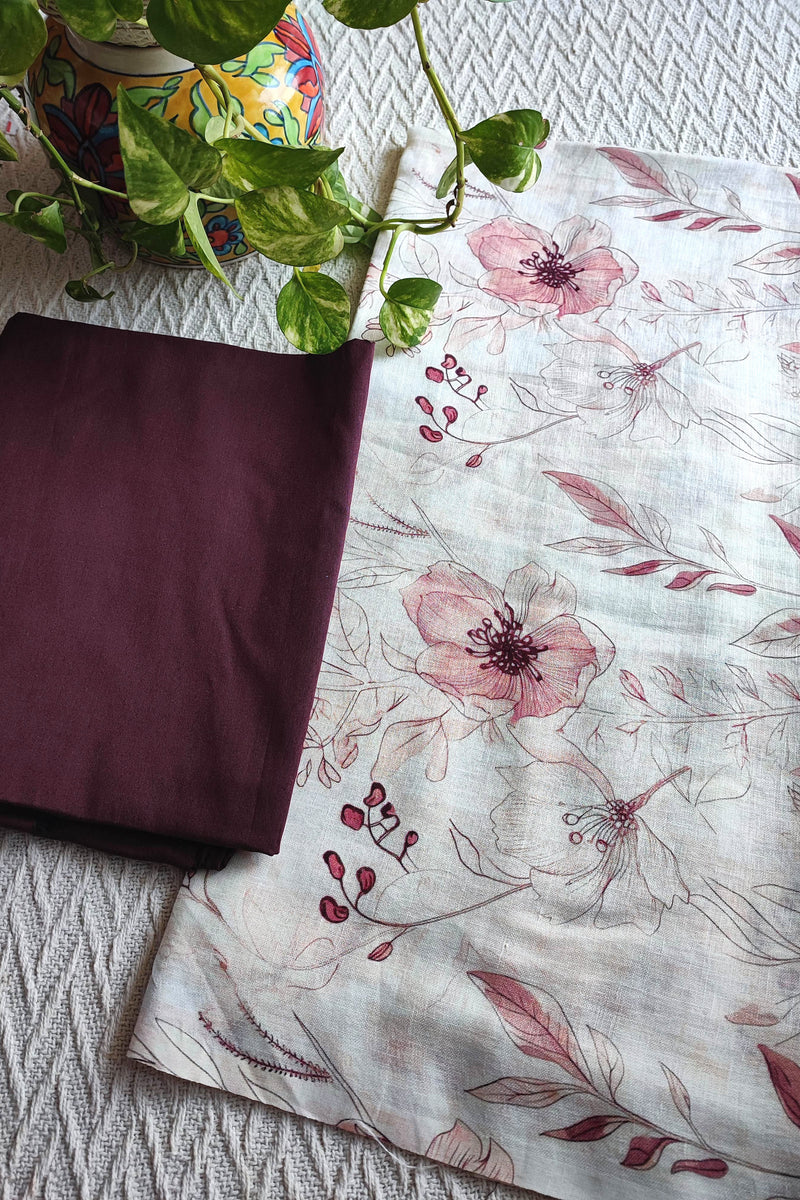 Off White Linen Floral Kurta Fabric with Deep Maroon Cotton Pant Material – Designer Printed Suit Fabric
