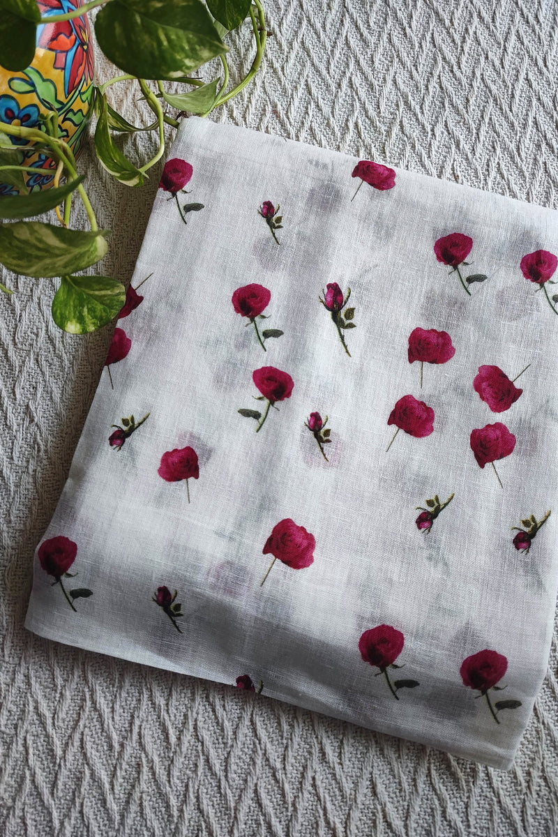 White Rose Printed Linen Kurta Fabric with Wine Cotton Pant Material – Premium Floral Suit Fabric