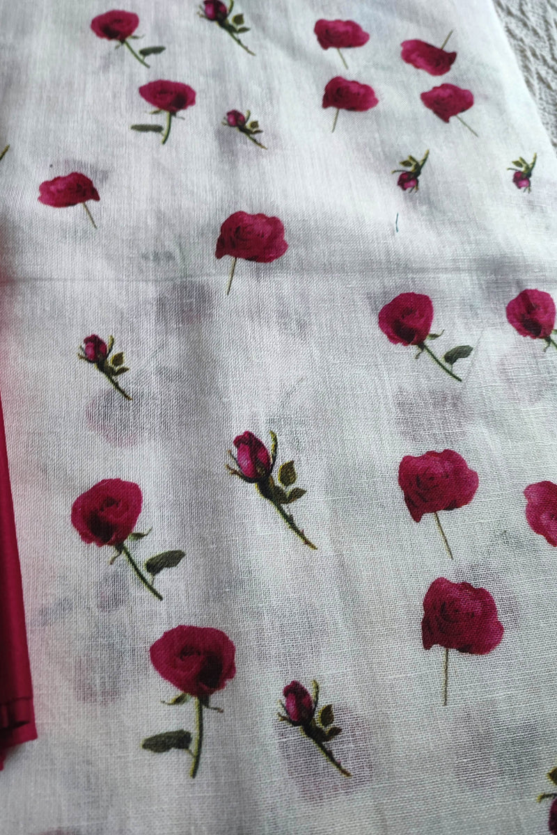 White Rose Printed Linen Kurta Fabric with Wine Cotton Pant Material – Premium Floral Suit Fabric