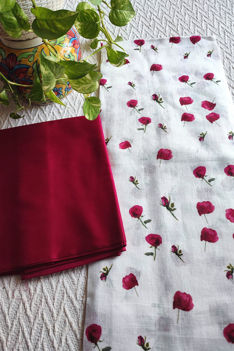 White Rose Printed Linen Kurta Fabric with Wine Cotton Pant Material – Premium Floral Suit Fabric