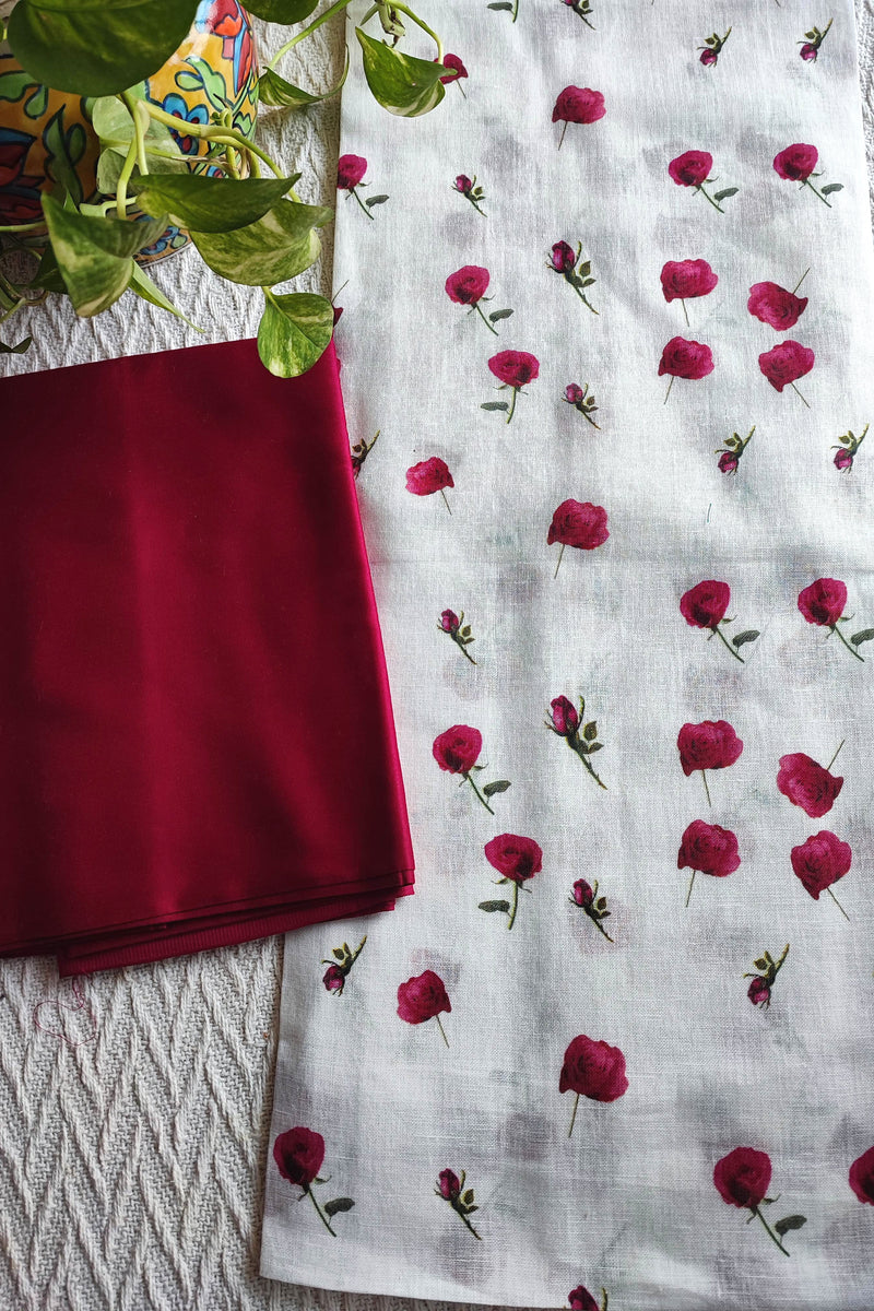 White Rose Printed Linen Kurta Fabric with Wine Cotton Pant Material – Premium Floral Suit Fabric