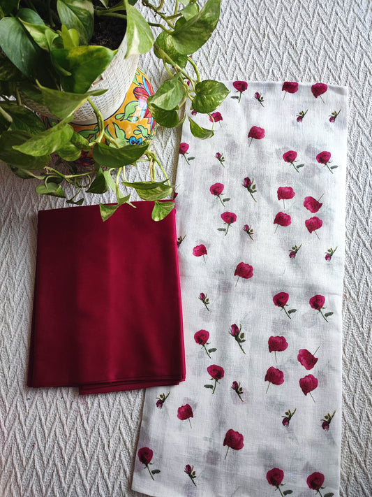 White Rose Printed Linen Kurta Fabric with Wine Cotton Pant Material – Premium Floral Suit Fabric
