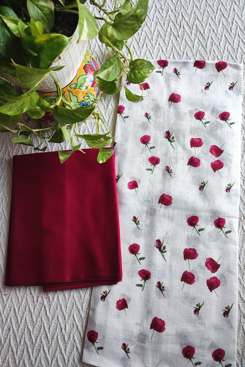 White Rose Printed Linen Kurta Fabric with Wine Cotton Pant Material – Premium Floral Suit Fabric