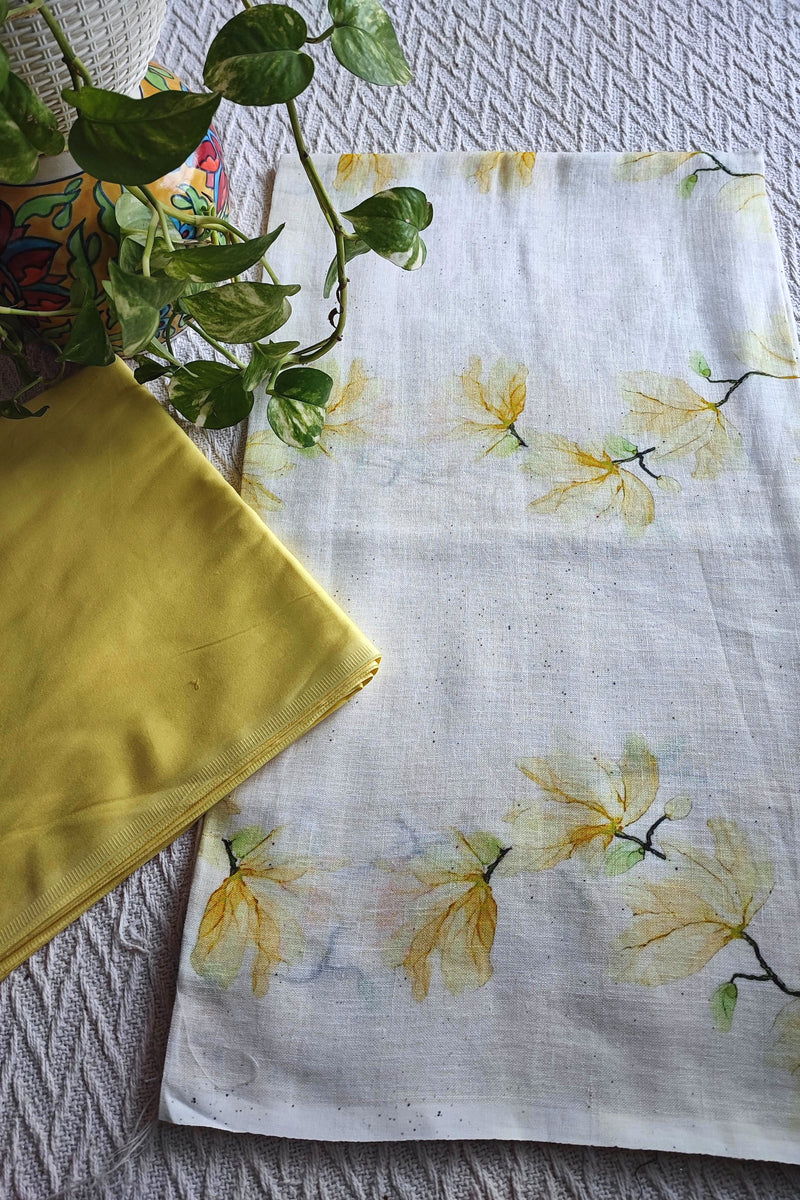 White Linen Printed Kurta Fabric with Mustard Cotton Pant Material – Floral Summer Suit Set