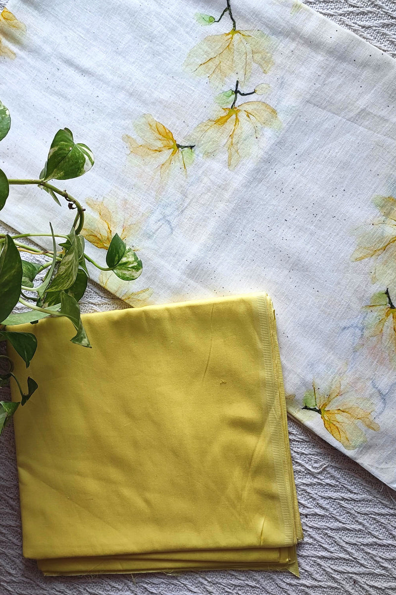 White Linen Printed Kurta Fabric with Mustard Cotton Pant Material – Floral Summer Suit Set