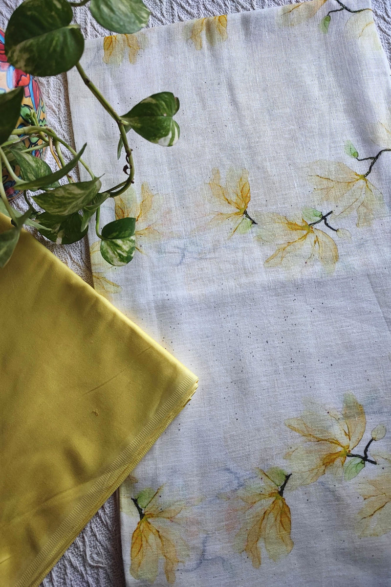 White Linen Printed Kurta Fabric with Mustard Cotton Pant Material – Floral Summer Suit Set