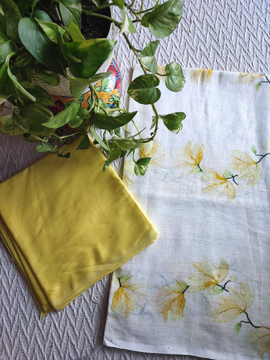 White Linen Printed Kurta Fabric with Mustard Cotton Pant Material – Floral Summer Suit Set