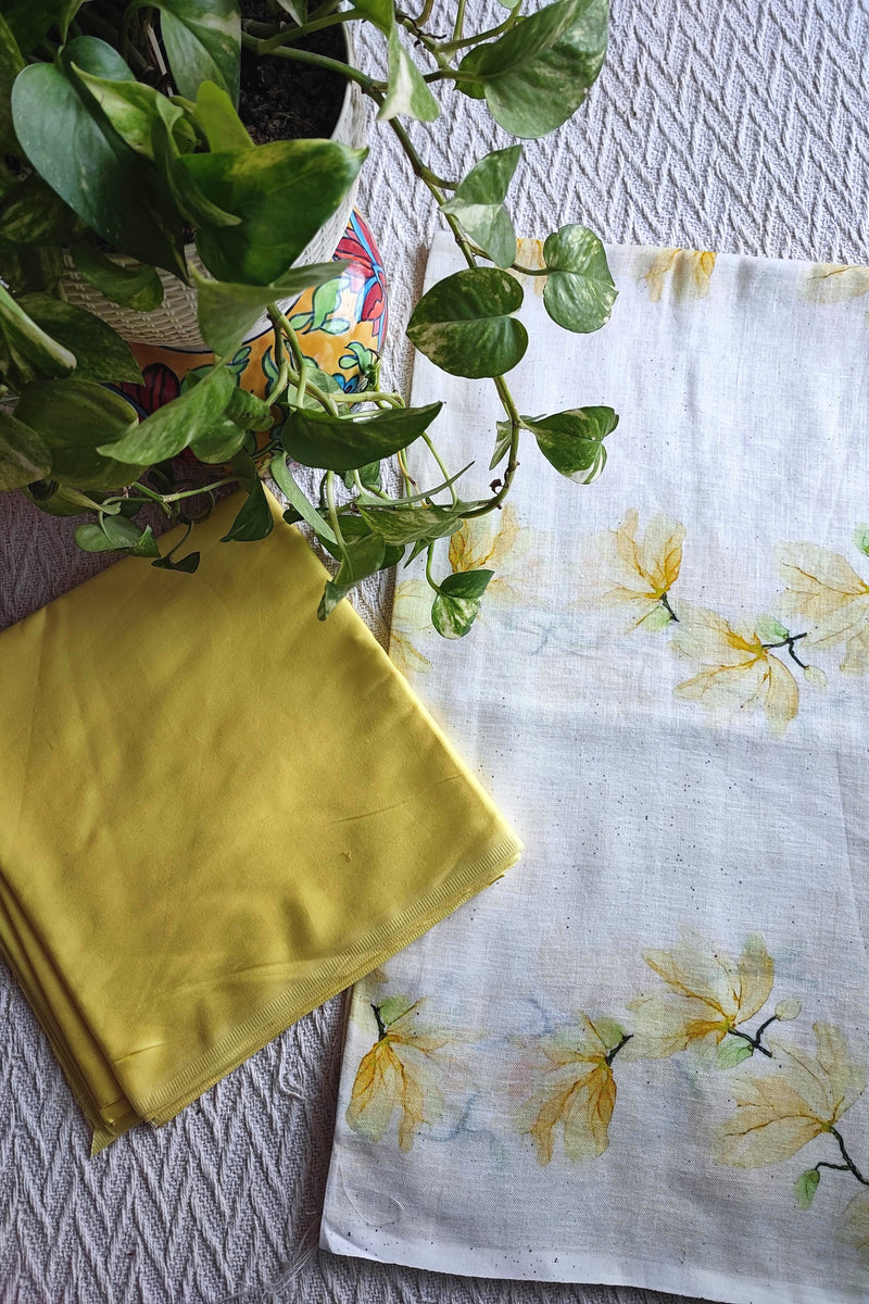 White Linen Printed Kurta Fabric with Mustard Cotton Pant Material – Floral Summer Suit Set