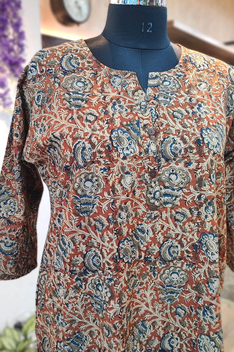 Handloom Cotton Kalamkari Block Print Rust Blue Floral Kurta for Women