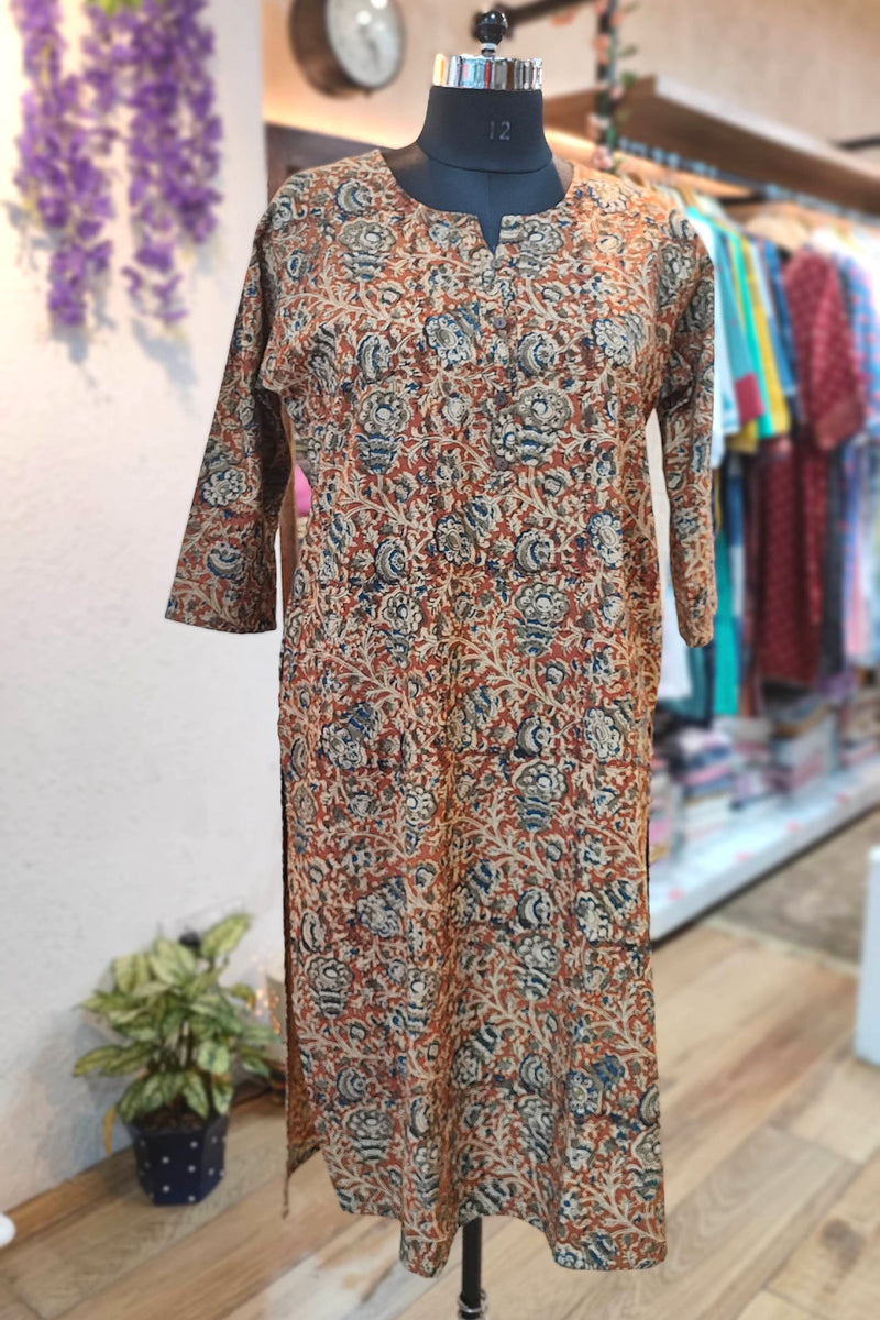 Handloom Cotton Kalamkari Block Print Rust Blue Floral Kurta for Women
