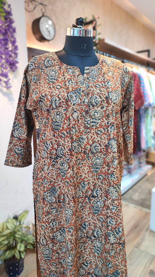 Handloom Cotton Kalamkari Block Print Rust Blue Floral Kurta for Women