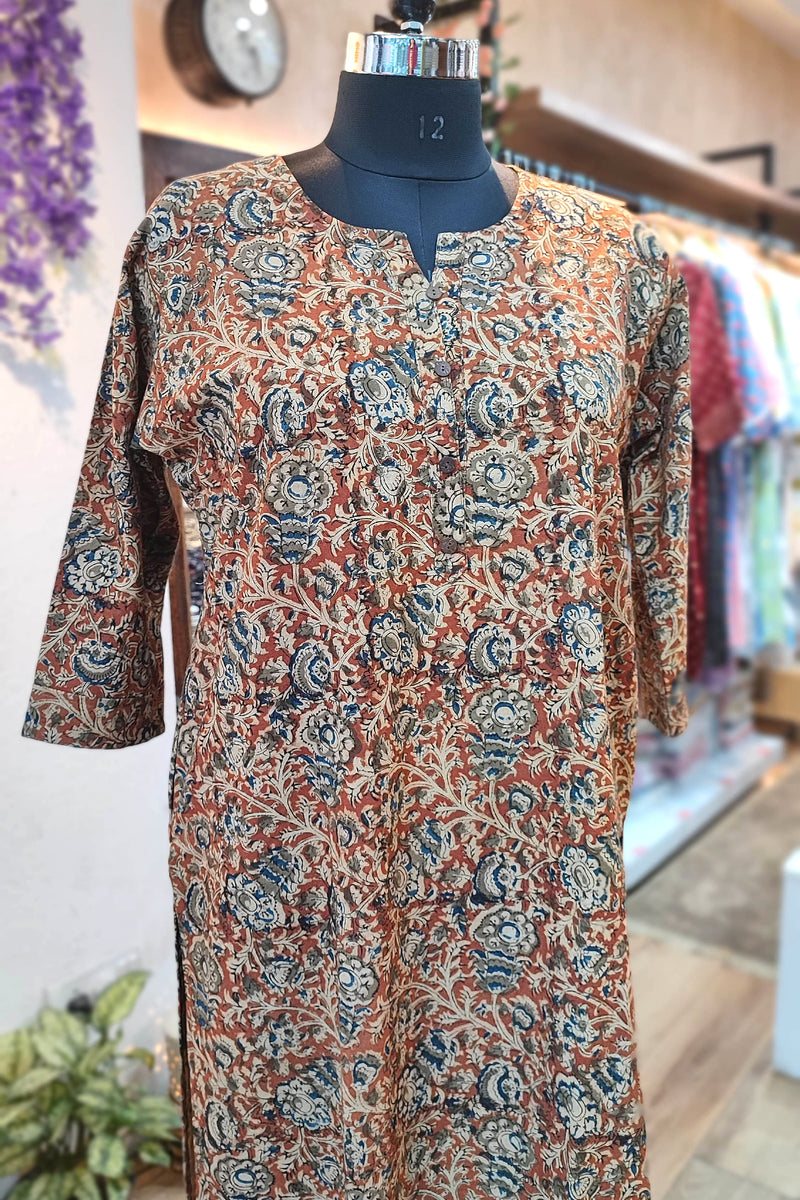 Handloom Cotton Kalamkari Block Print Rust Blue Floral Kurta for Women